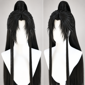 Black Lan Wangji cosplay wig, comic style three, showing fringe and raised crown