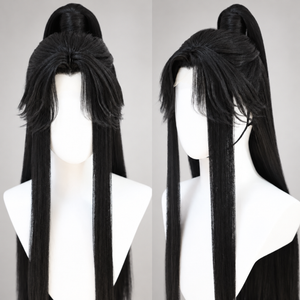 Black Lan Wangji cosplay wig, comic style two, showing fringe and raised crown