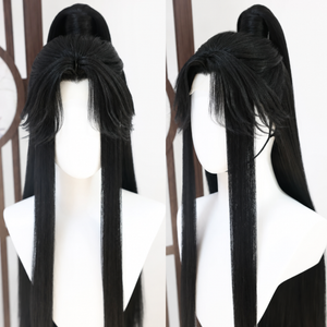 Black Lan Wangji cosplay wig, comic style two, showing fringe and raised crown