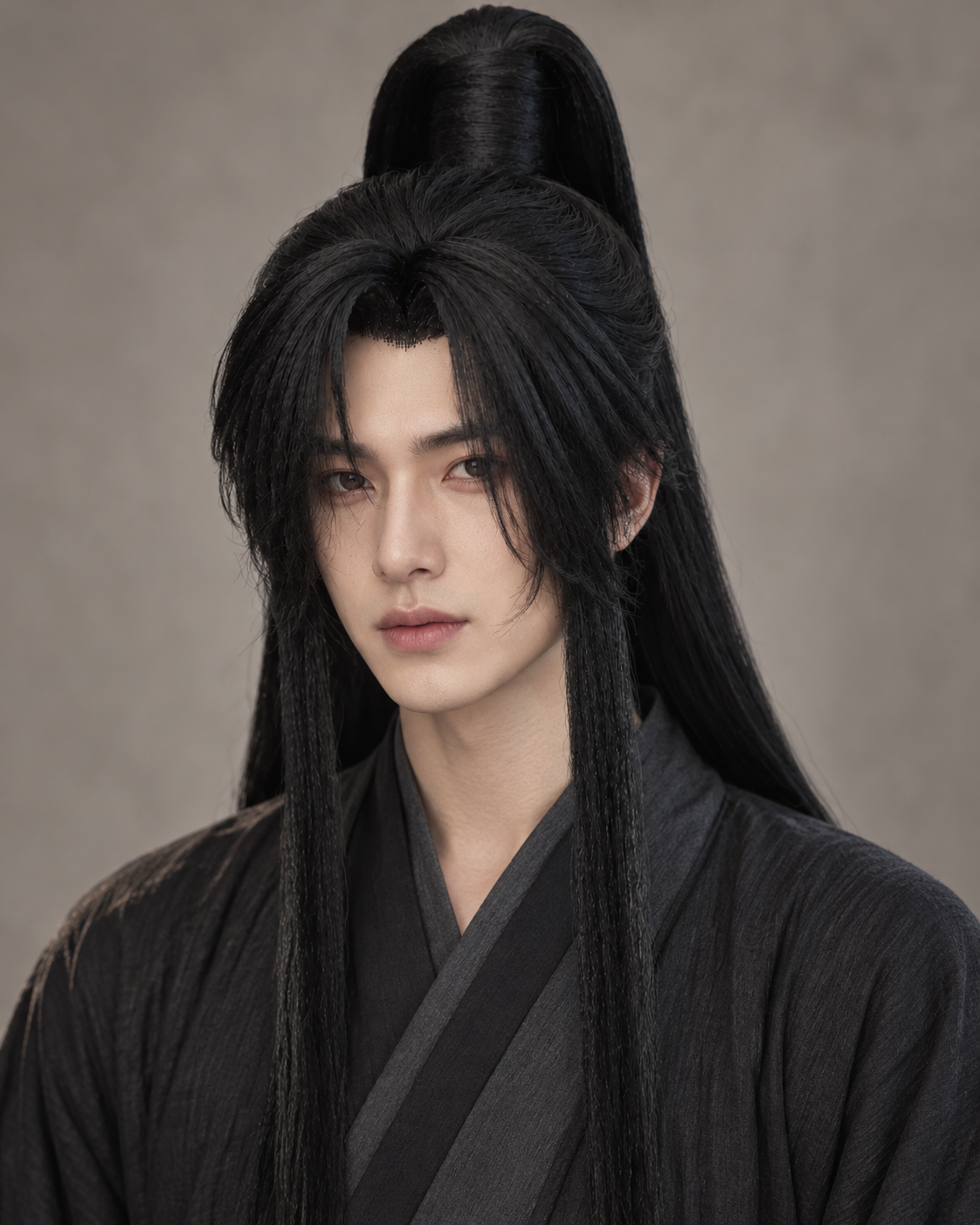 AI-generated styling preview of the lan wangji wig worn by a model, studio portrait.