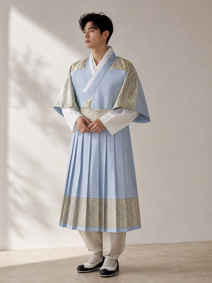 Light blue gold men's Korean hanbok robe set full outfit with shorter robe length