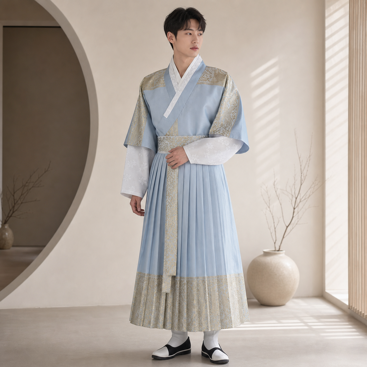 Light blue gold men's Korean hanbok robe set full outfit with jacquard inner sleeves