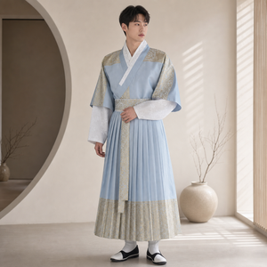 Light blue gold men's Korean hanbok robe set full outfit with jacquard inner sleeves