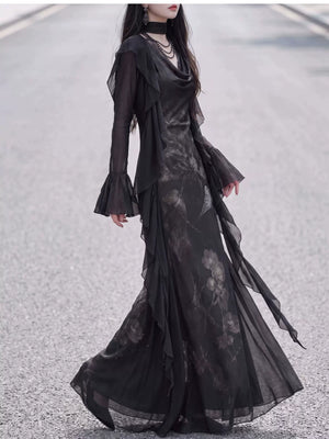 Long black ruffle cardigan sleeve and hem movement