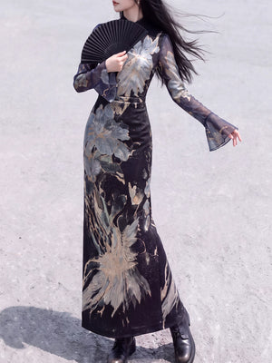Long-sleeve black floral cheongsam with flared cuffs