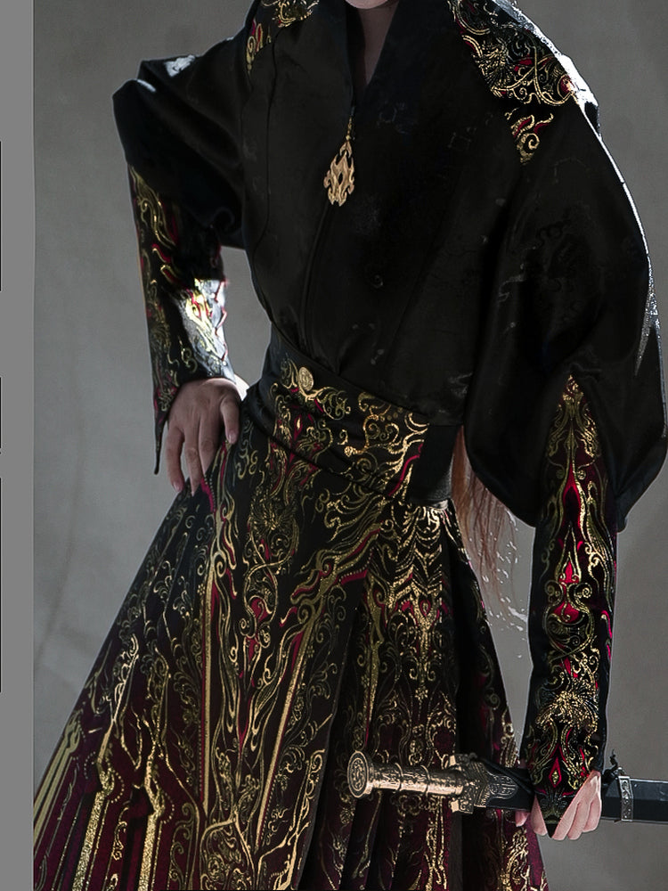 Red gold brocade horse face skirt Hanfu set main product image
