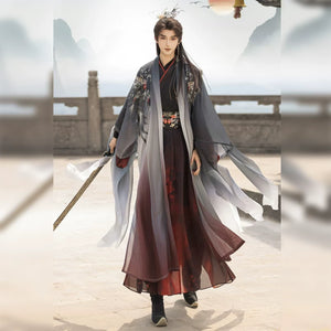 Men's Xuanniao Hanfu outfit with a dark cross-collar robe, burgundy hem and gray outer layer