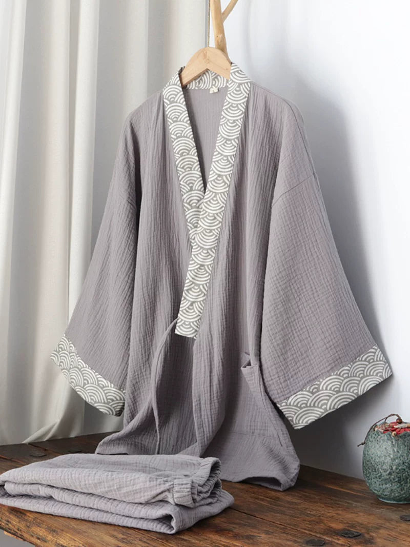 Side view of the men's gray New Chinese style cotton gauze pajama set