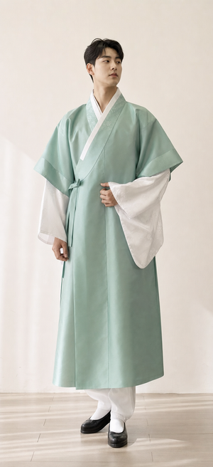 Mint green men's Korean hanbok long robe set studio product main image