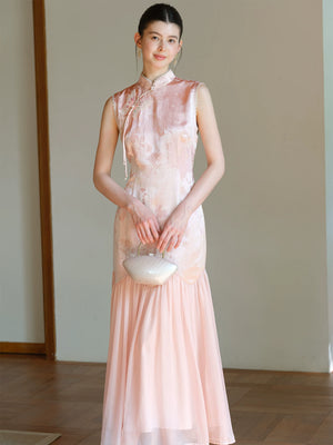 Front styling view of the Misty Blush floral jacquard cheongsam dress, with floral jacquard texture, fitted waist and elegant long silhouette.