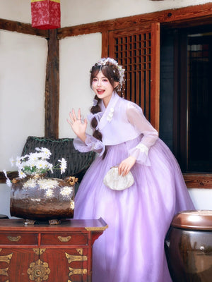 Modern purple princess hanbok for women – flowy traditional Korean palace dress with draped sleeves, ideal for performances, cosplay, events, and photoshoots