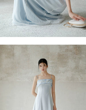 Silhouette and fit view of the Moonlight Blue embroidered A-line slip dress, a contemporary modern Chinese dress.