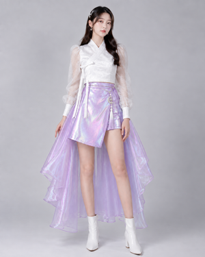 Front view of Moonlit Wisteria modern hanbok with a white sheer-sleeve top, lavender asymmetric mini skirt and long layered back skirt.