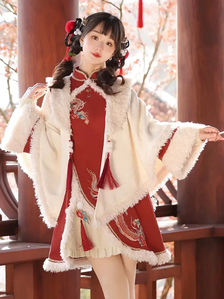 open lace back dress Original Chinese Brand Ode to Longchun Chinese Style Long Cloak Improved Han Element New Year's Red New Year's Greeting Robe Long-Sleeved Dress Cape