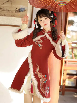Ode to Longchun Chinese Style Long Cloak Improved Han Element New Year Red New Year's Cloak Long Sleeve Dress - Yandan_Hanfu