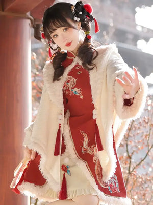 Ode to Longchun Chinese Style Long Cloak Improved Han Element New Year Red New Year's Cloak Long Sleeve Dress - Yandan_Hanfu