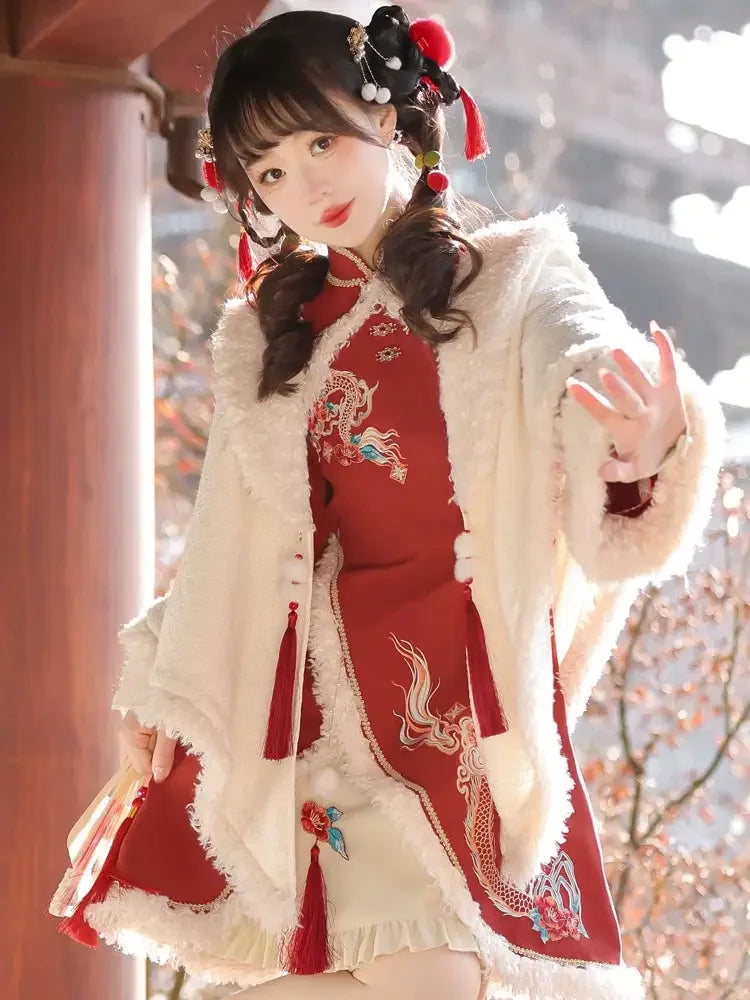 Ode to Longchun Chinese Style Long Cloak Improved Han Element New Year Red New Year's Cloak Long Sleeve Dress - Yandan_Hanfu