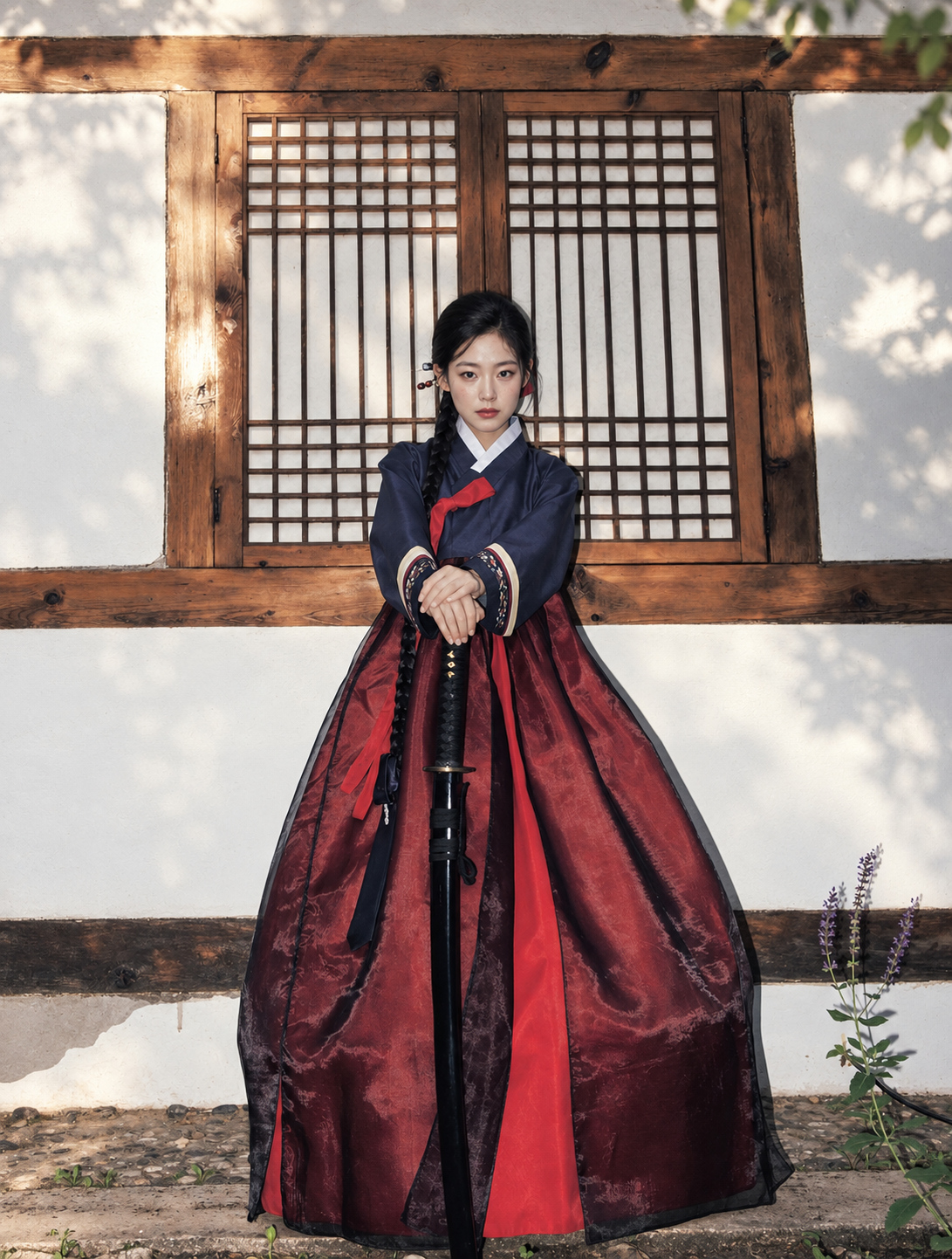 Full front view of navy jeogori and burgundy chima Hanbok with red ribbon ties