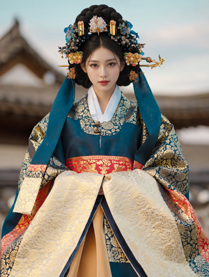 Navy and gold court-style Hanbok with ivory-gold wide cuffs, red sash and ornate hair styling, front portrait