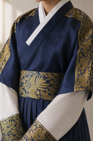 Navy gold men's Korean hanbok robe set gold brocade belt sleeve and fabric detail