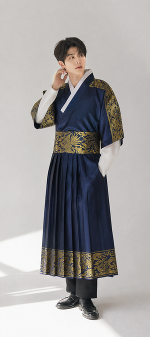 Navy gold men's Korean hanbok robe set modern product pose photo