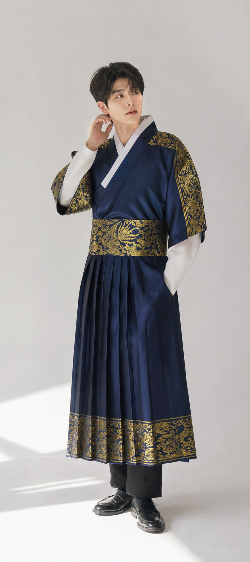 Navy gold men's Korean hanbok robe set modern product pose photo