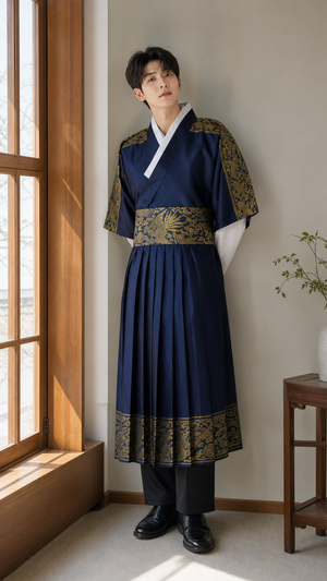 Navy gold men's Korean hanbok robe set indoor window lifestyle photo