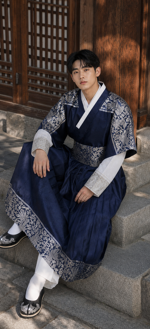 Navy silver men's Korean hanbok robe set seated lifestyle photo