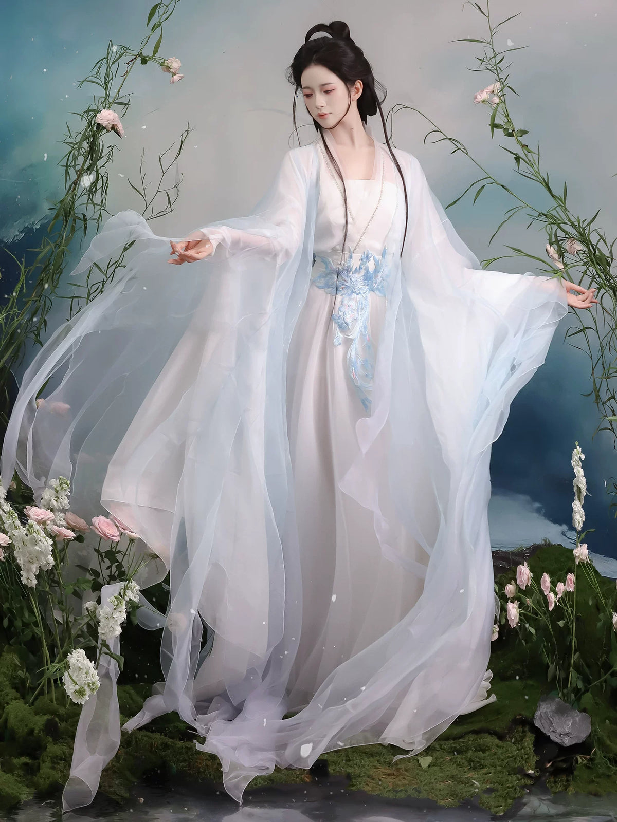Pale blue Hanfu robe with a decorative waist sash