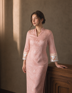 Peach Oolong floral plus size qipao dress, collar bodice and cuff construction