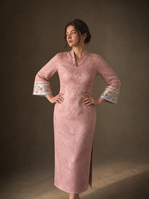 Peach Oolong floral plus size qipao dress, fitted waist and embroidered cuffs