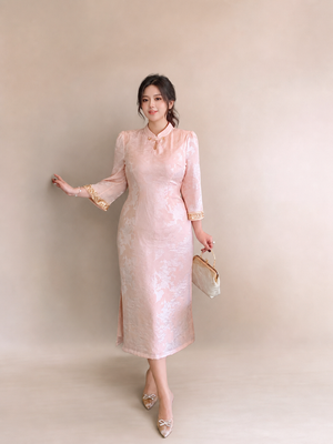 Pearl blush jacquard plus size qipao dress on a young East Asian model, full-length front view