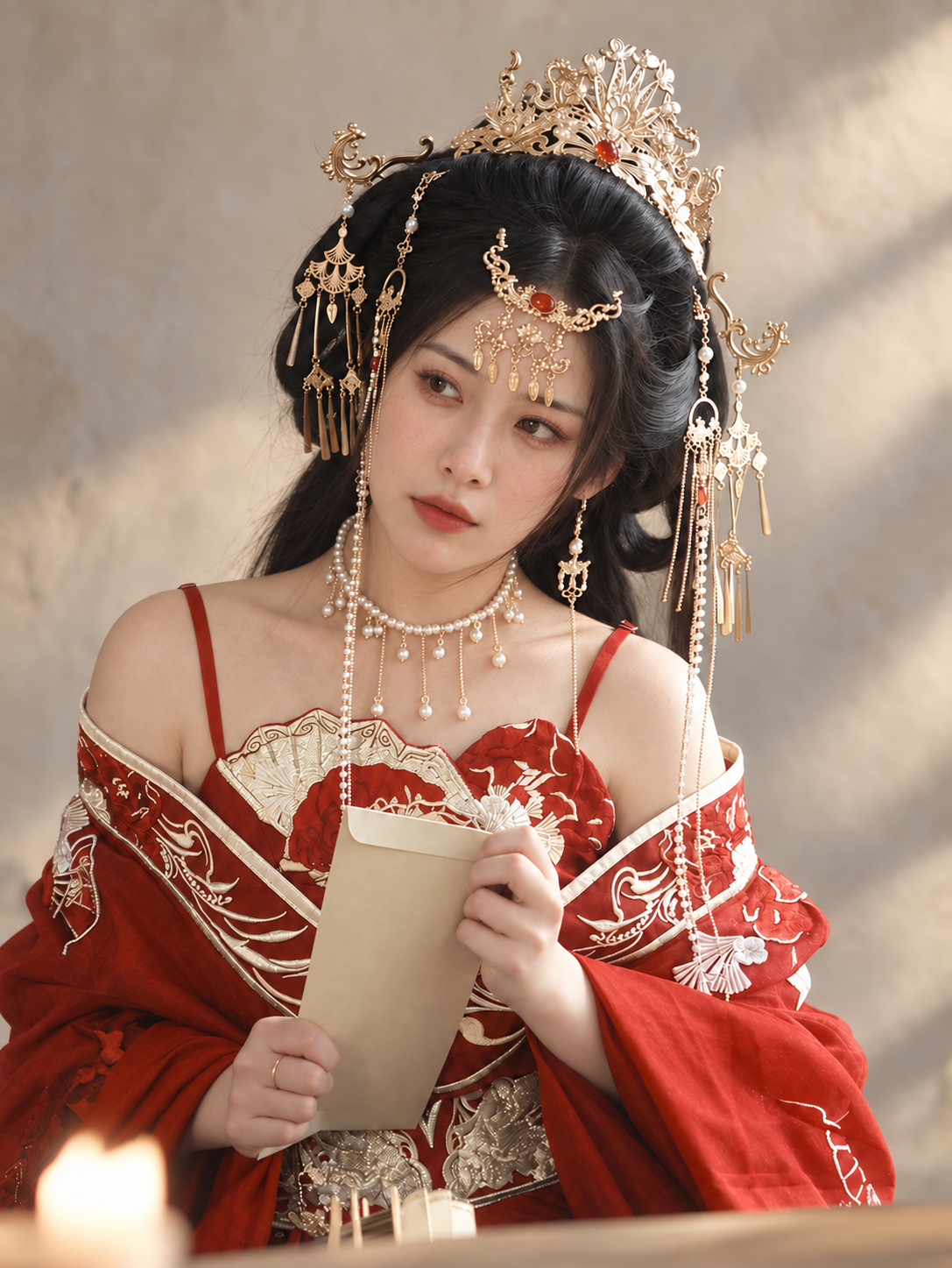 Phoenix crown and forehead ornament styled with a red outfit