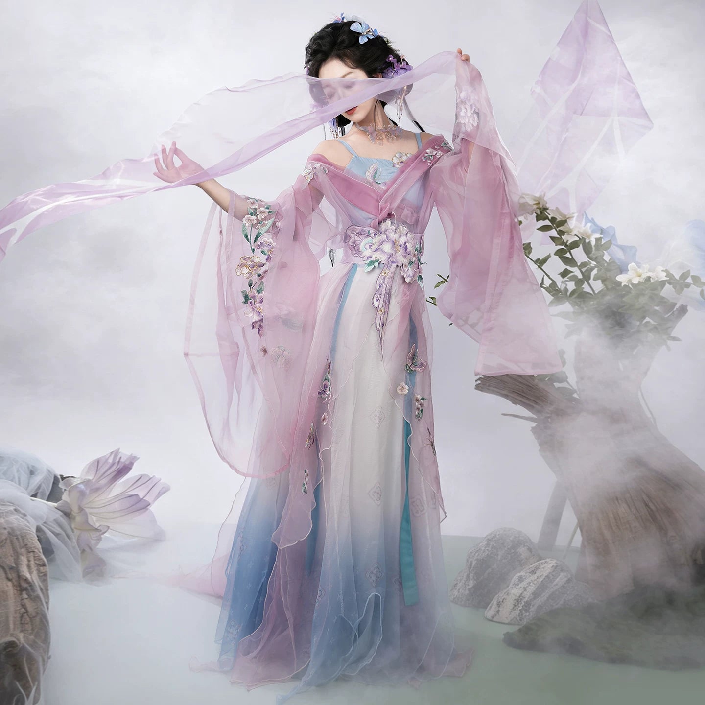 Pink five-piece butterfly hanfu full-length view