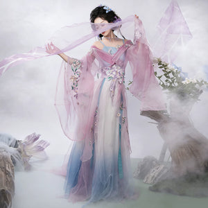 Pink five-piece butterfly hanfu full-length view