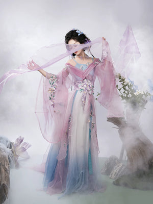 Pink gradient butterfly hanfu five-piece set with flowing sleeves