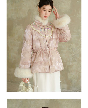 Close product view of the Pink-Lilac jacquard down jacket with fur trim, focused on its Chinese-inspired design details.