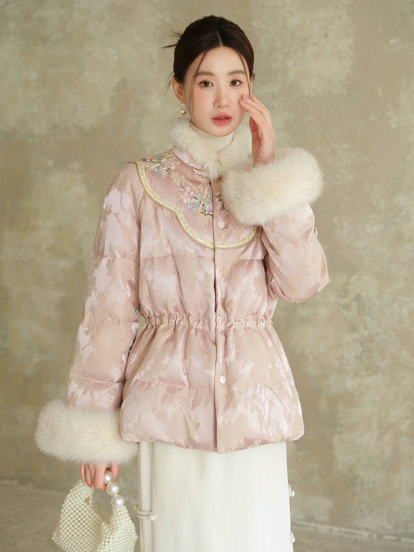 Pink-Lilac jacquard down jacket with fur trim shown as a polished New Chinese Style winter jacket, highlighting jacquard shell, plush fur trim and warm cropped silhouette.