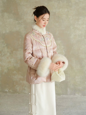 Three-quarter product view of the Pink-Lilac jacquard down jacket with fur trim, a refined New Chinese Style winter jacket for elegant occasions.