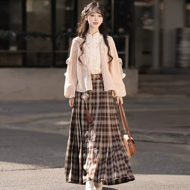 Complete three-piece modern Hanfu outfit with pink cardigan, blouse and plaid skirt