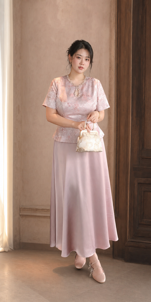 Plus size Chinese engagement skirt set in pink, full front editorial view