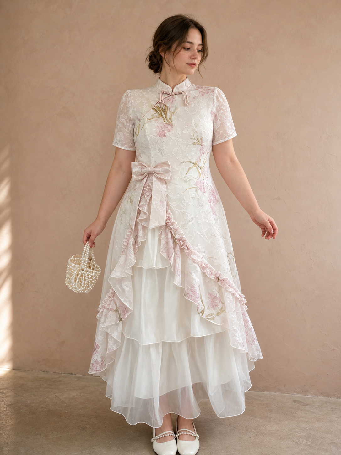 Plus size faux two-piece Chinese dress in pink, full front view on Western model