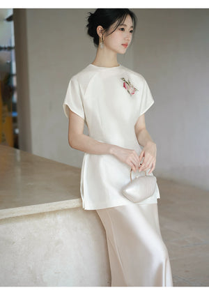Silhouette and fit view of the Porcelain-Moon mulberry silk top and champagne skirt, a contemporary New Chinese Style silk outfit.