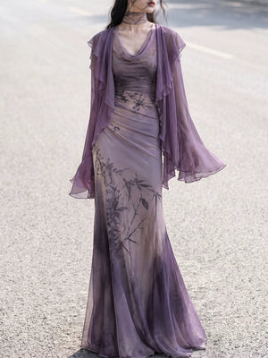 Purple bamboo print maxi dress with matching sheer ruffle cardigan, front view