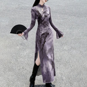 Purple ink butterfly cheongsam full-length view