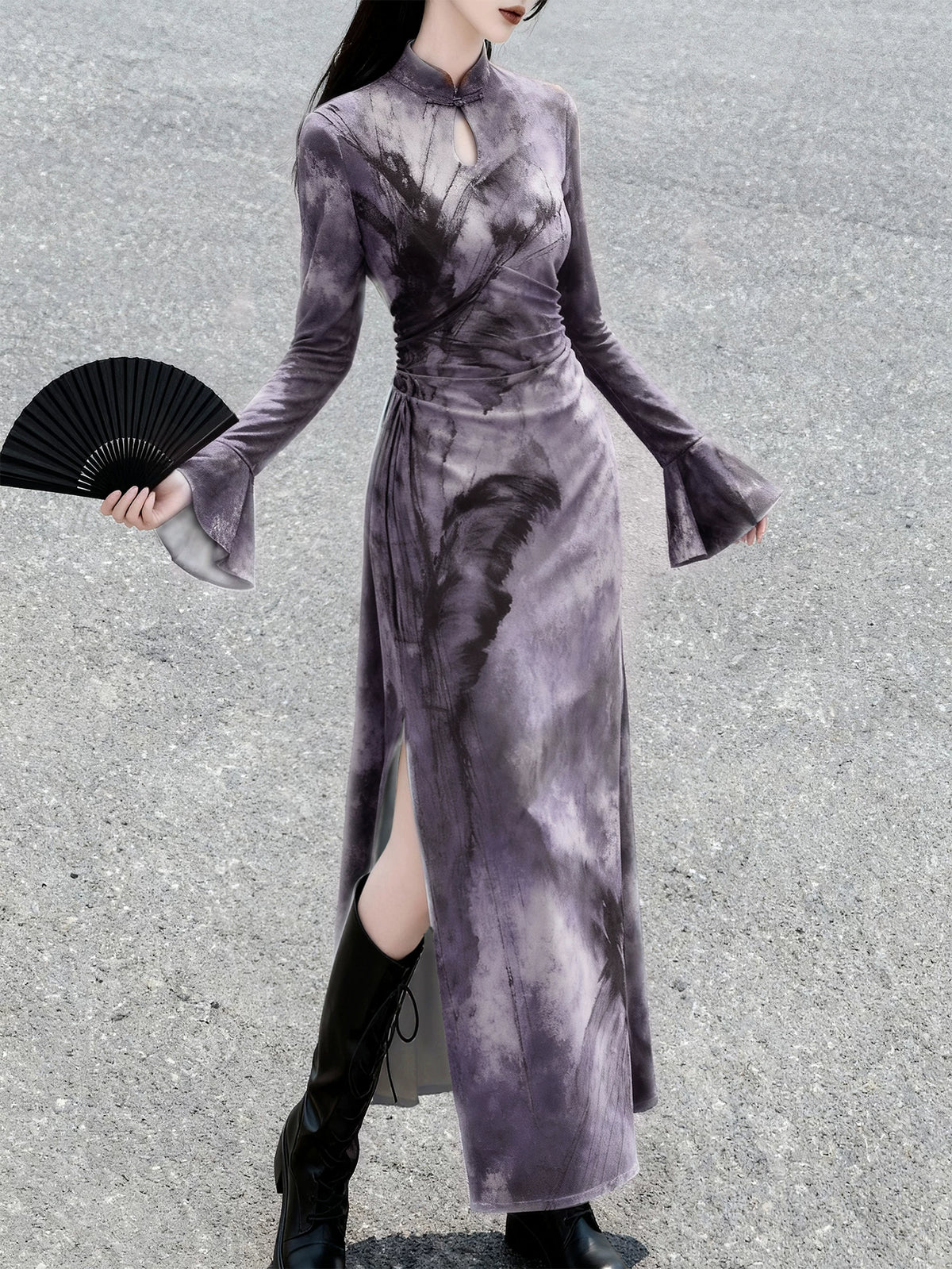 Purple ink butterfly knit qipao with bell sleeves and side slit