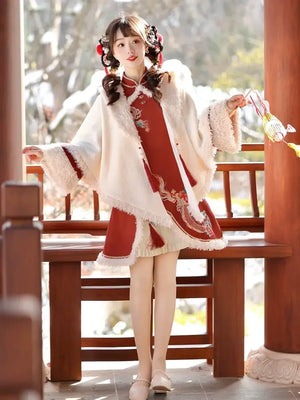 Ode to Longchun Chinese Style Long Cloak Improved Han Element New Year Red New Year's Cloak Long Sleeve Dress - Yandan_Hanfu