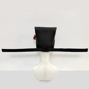 Rear view of a long-wing black futou hat