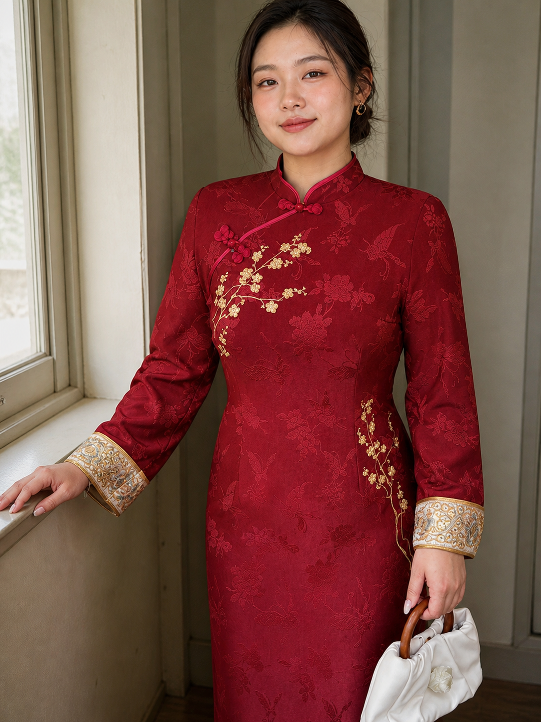 Red Gold qipao collar, embroidery and cuff detail in natural daylight