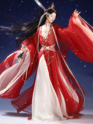 Red outer robe and ivory inner layers with long sleeve drape